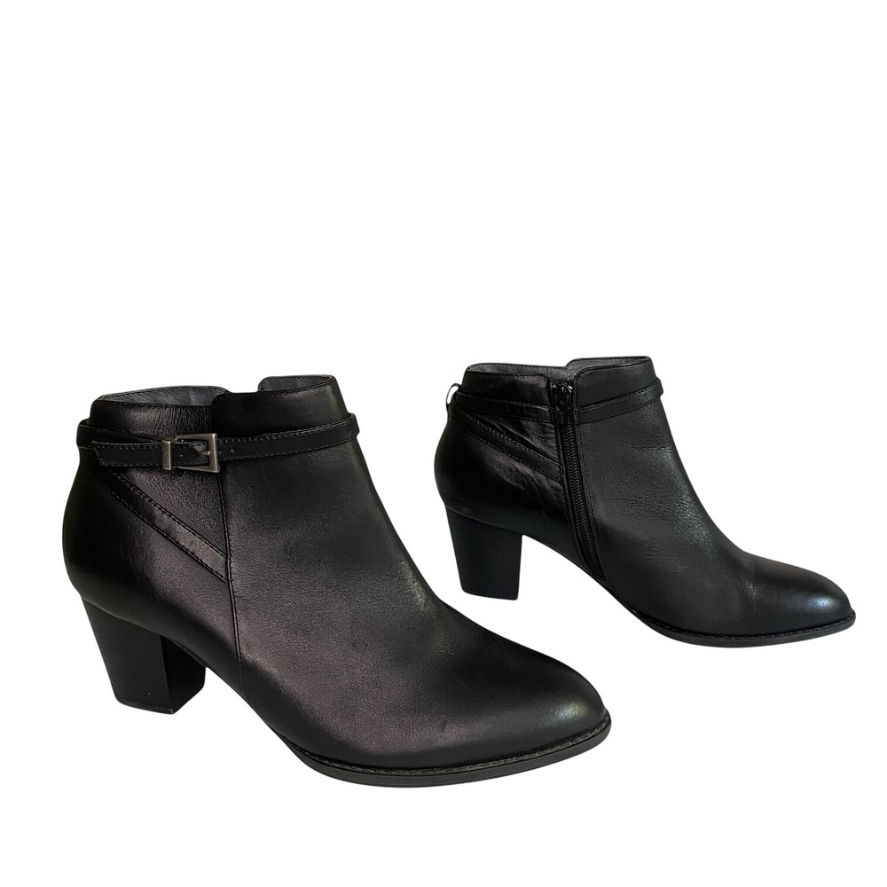 Vionic Upton Black Leather Ankle Boots Block Heel Almond Toe Side Zip Womens 8.5